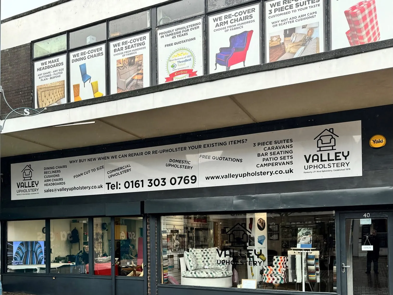Valley Upholstery shop front on Grosvenor Street, Stalybridge