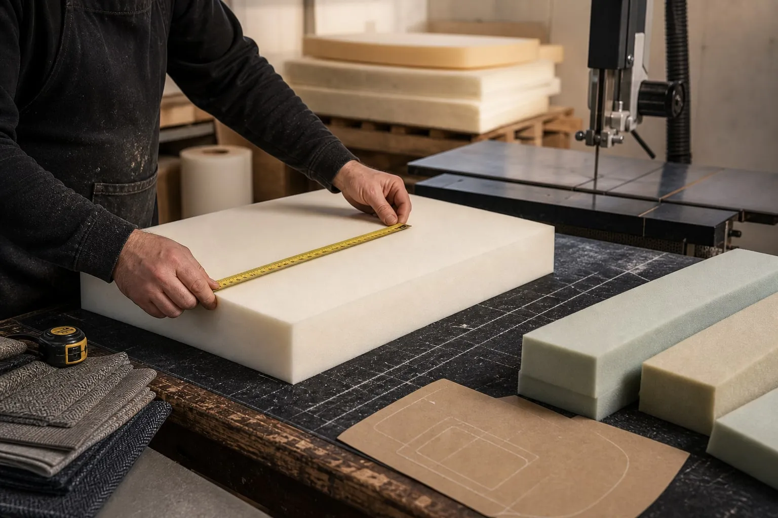 Representative replacement sofa cushion foam being measured and cut to size