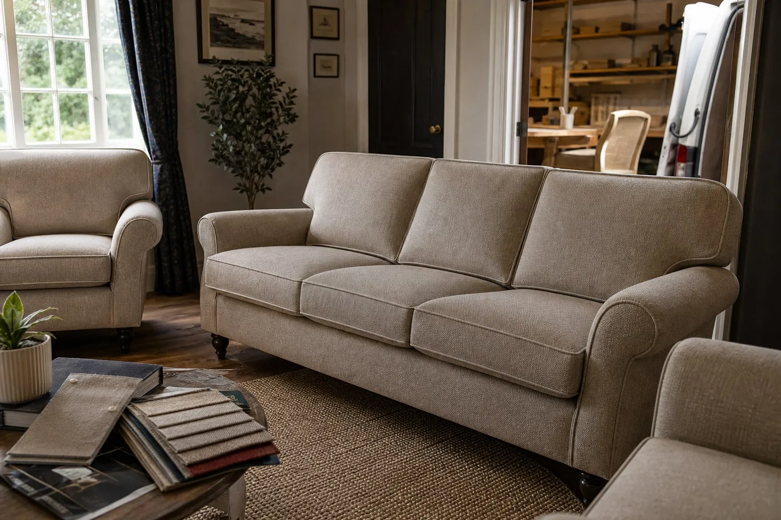 Representative recovered sofa and chair set with fabric samples in a home interior